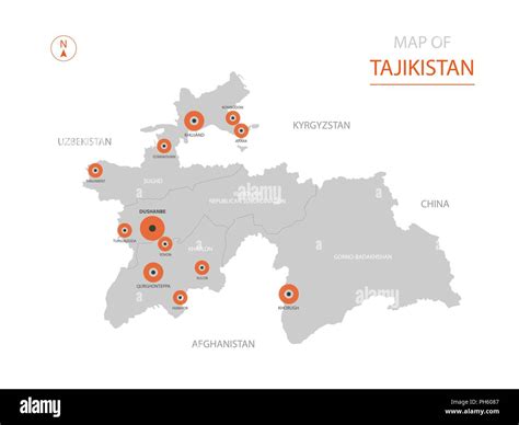 Stylized vector Tajikistan map showing big cities, capital Dushanbe ...