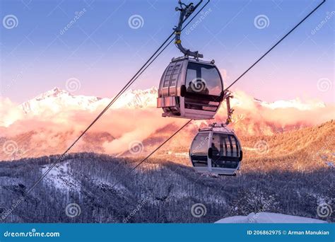 Lift Cabins in a Mountain Ski Resort Snowy Slope in a Winter Stock Image - Image of active ...