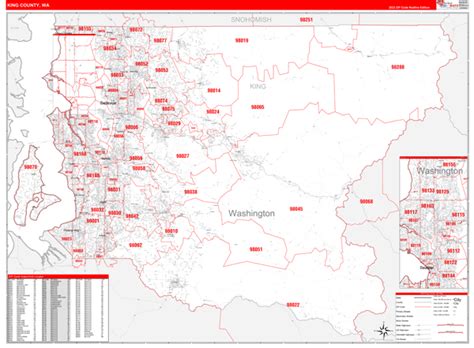 King County, WA Zip Code Wall Map Red Line Style by MarketMAPS - MapSales