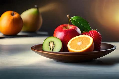 Premium AI Image | A plate of fruits with one being cut in half