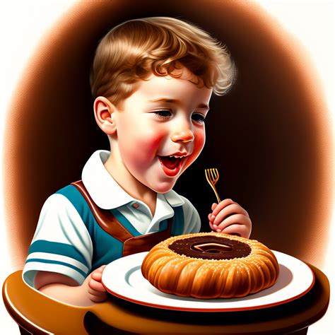 Lexica - A boy eating a chocolate croissant by the shape of the Austrian kipferl, in a hurry and ...