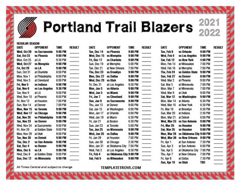 Printable 2021-2022 Portland Trail Blazers Schedule