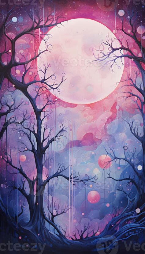 painting of a full moon in a purple sky with trees. generative ai ...