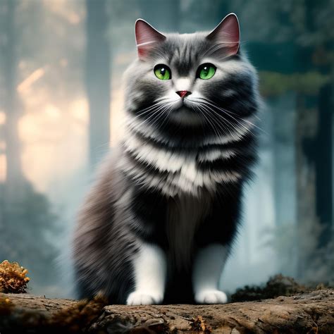 Premium Photo | A cat with green eyes stands on a log in a forest.