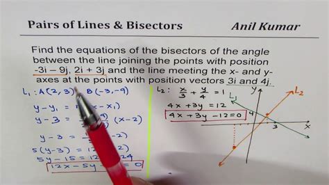 How to find equation of the bisector of an angle between two intersecting lines - YouTube