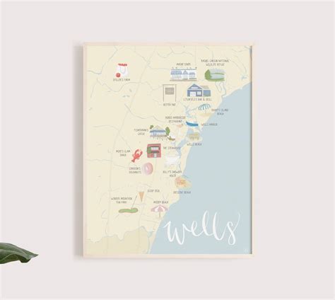 Wells Maine Illustrated Map Print Maine Wall Art Maine Map Wedding ...