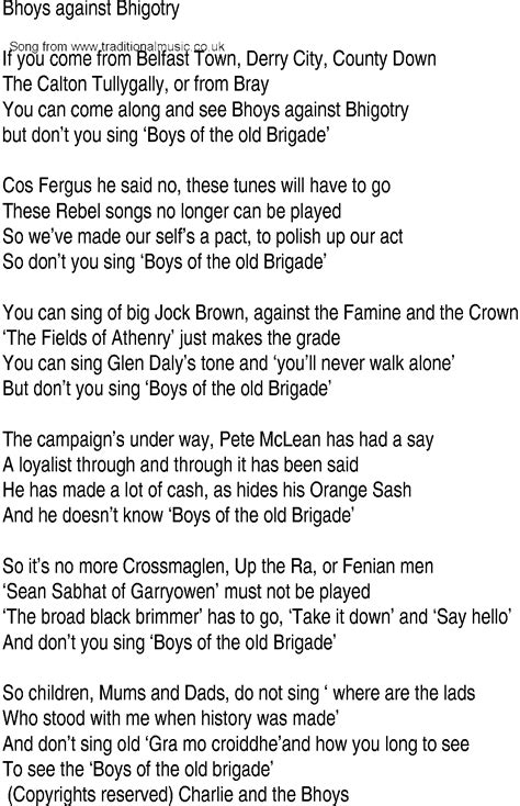 Irish Music, Song and Ballad Lyrics for: Boys Against Bigotry