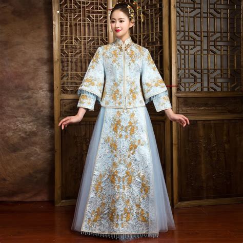 Light Blue Women Marriage Mesh Dress Chinese Traditional Embroidery ...