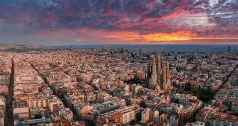 Aerial View of Barcelona City Skyline and Sagrada Familia Cathedral at ...