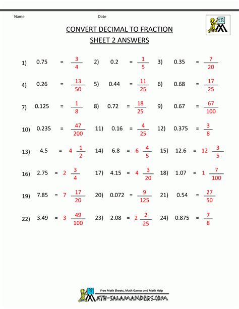 Fractions Decimals Worksheets