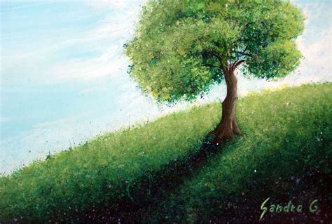 Original Acrylic Painting of a Tree on Grassy hill with blue sky Size: 16 x 24 inches Price ...