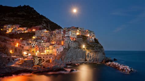 Manarola village night view from the Cinque Terre on the Italian ...