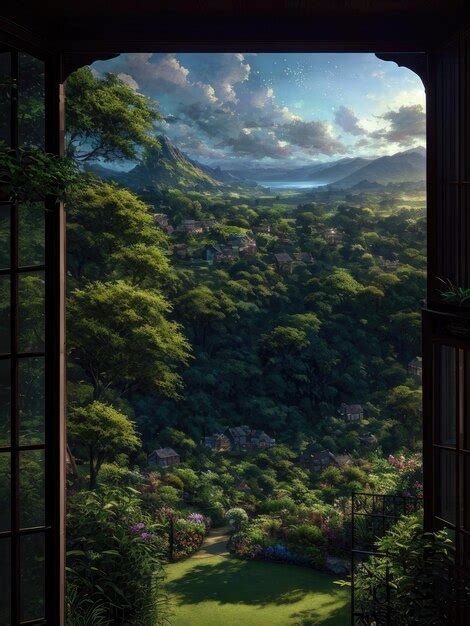 Premium AI Image | A window with a view of the mountains