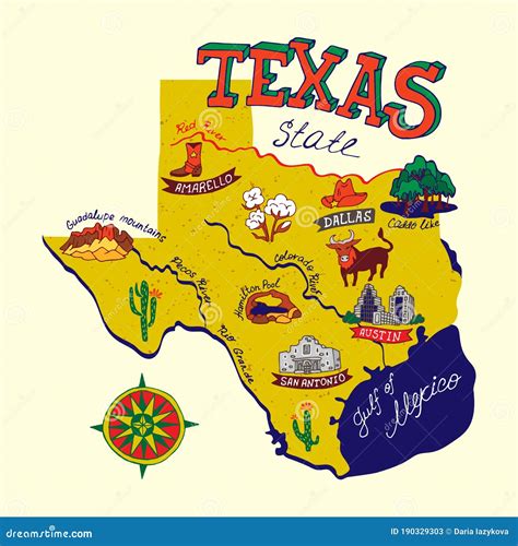 Illustrated Map of Texas State, USA. Stock Vector - Illustration of austin, cartoon: 190329303