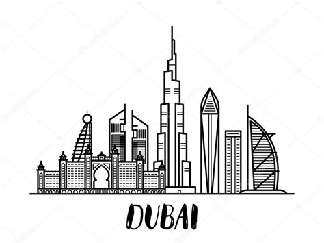 Dubai landscape line art illustration with modern lettering rectangular — Stock Vector © Julija ...