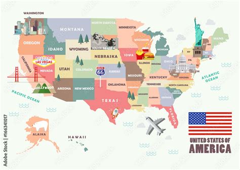 Map of the United States of America with Famous attractions Stock ...