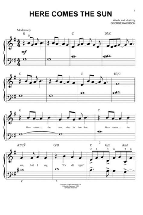 Here Comes the Sun Easy Piano Sheet Music | Sheet music, Digital sheet ...