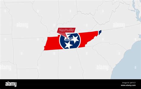 US State Tennessee map highlighted in Tennessee flag colors and pin of ...