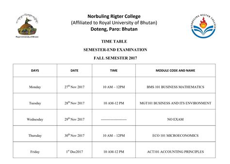 SEMESTER-END EXAMINATION TIME TABLE – Norbuling Rigter College