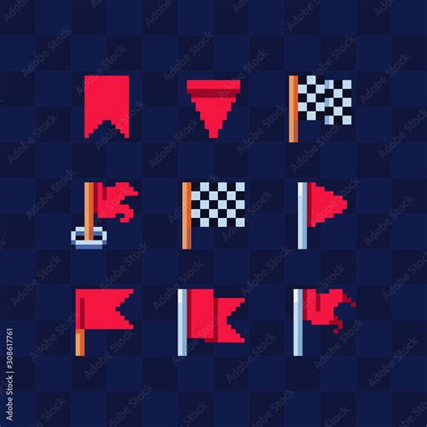 Flag icon. Checkered flags. Pixel art flat style. Design for logo mobile app, web, sticker. 8 ...