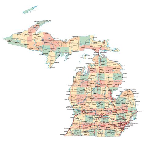 Large administrative map of Michigan state with highways and major ...