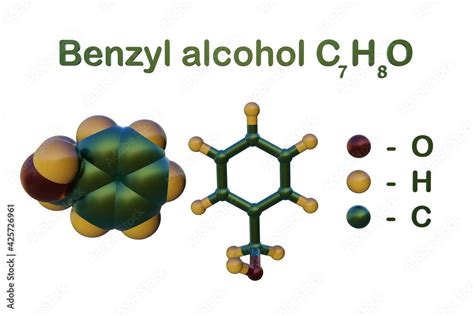 Structural chemical formula and molecular model of benzyl alcohol ...