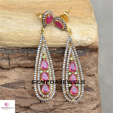 Ruby Gemstone Earrings Pave Diamond Earrings Gemstone 925 - Etsy