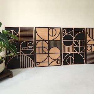 Bauhaus Wood Wall Art set of 2 set of 4 Modern Wood Art Minimal Charcoal Black & White ...