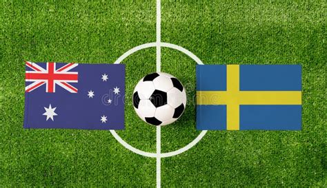 Top View Soccer Ball with Australia Vs. Sweden Flags Match on Green ...