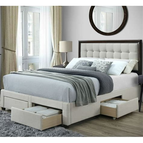 DG Casa Soloman Upholstered Panel Bed Frame with Storage Drawers and Wood Trim Tufted Headboard ...