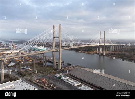 Aerial view of Talmadge Memorial Bridge on a sunny day. The Talmadge ...