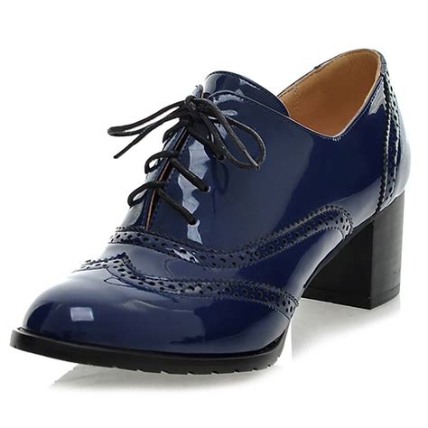 Odema Womens PU Patent Leather Oxfords Brogue Wingtip Lace Up Chunky High Heel Shoes Dress Pumps ...