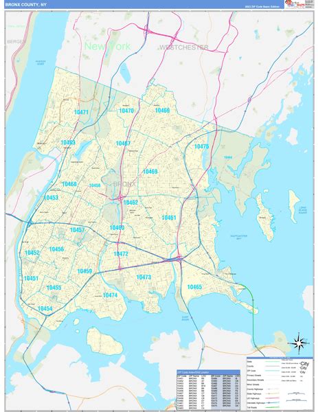 Bronx County, NY Zip Code Wall Map Basic Style by MarketMAPS - MapSales