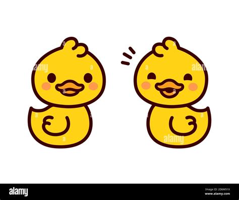 Cute cartoon baby ducks. Two funny yellow ducklings in simple kawaii ...