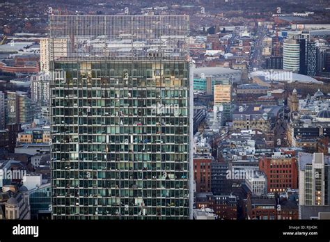 View from the South tower of Deansgate Square looking down at Manchester City Centres skyline ...