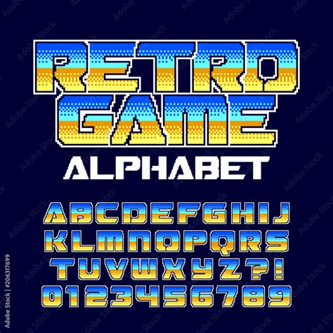 Retro computer game alphabet font. Pixel gradient letters and numbers ...