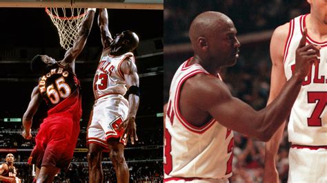 Michael Jordan dunk on Dikembe Mutombo and finger wag