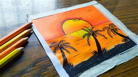 How to draw sunset drawing by colors pencils - YouTube