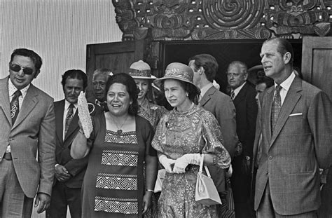 Queen Elizabeth II, Prince Philip and Princess Anne with Te Arikinui Dame Te Atairangikaahu, the ...