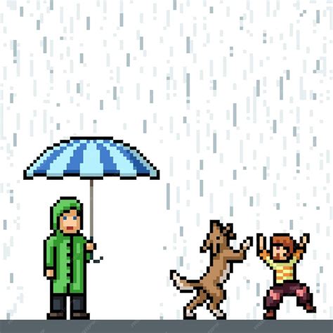 Premium Vector | Pixel art kid enjoy rain