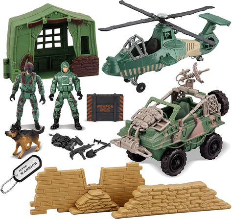 Gold Toy 9 Pcs Military Toys Army Men Action Figures Play Set with Realistic Military Camp ...