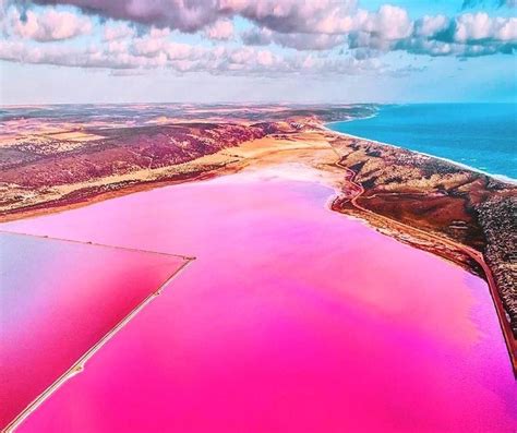 an aerial view of a pink lake surrounded by land