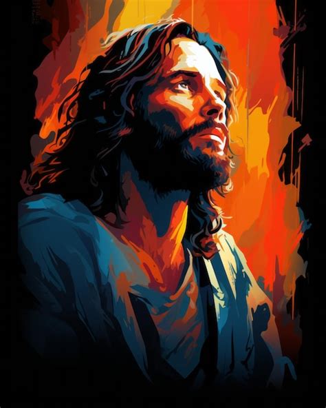 Premium AI Image | jesus is looking up at the sky in this painting