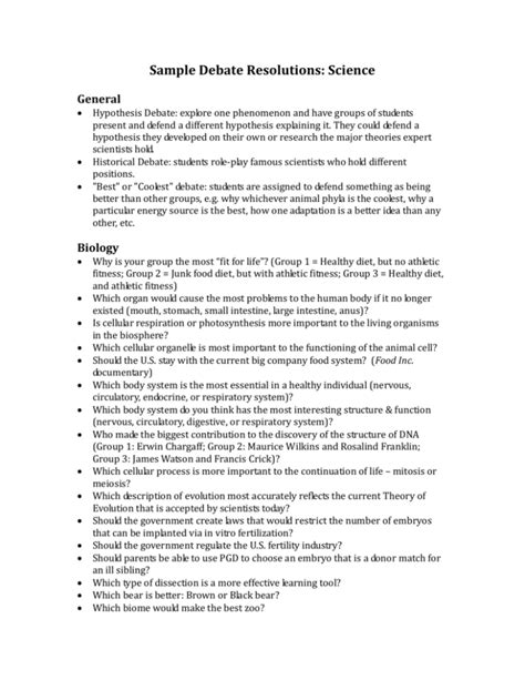 Sample Debate Resolutions: Science General Hypothesis Debate