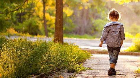 Backside Of Cute Little Girl Is Walking On Path In Nature Background HD ...