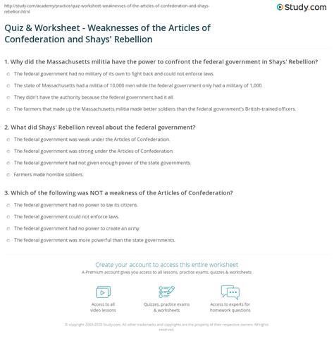 Quiz & Worksheet - Weaknesses of the Articles of Confederation and Shays' Rebellion | Study.com