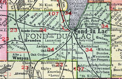 Fond du Lac County, Wisconsin, map, 1912, Fond du Lac City, Ripon, Brandon, Waupun, Van Dyne ...