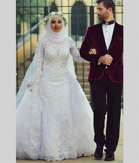 Arab Hijab Saudi Arabia Muslim Wedding Dresses Long Sleeve White Lace Sexy Beads Mermaid Bridal ...