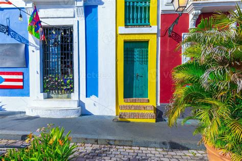 Puerto Rico colorful colonial architecture in historic city center ...