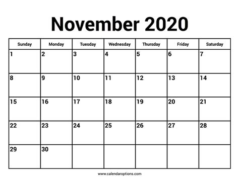 November 2020 Calendar – Calendar Options